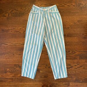 Vintage Blue White Wide Stripe Womens Pants Tapered Leg Y2K High Rise